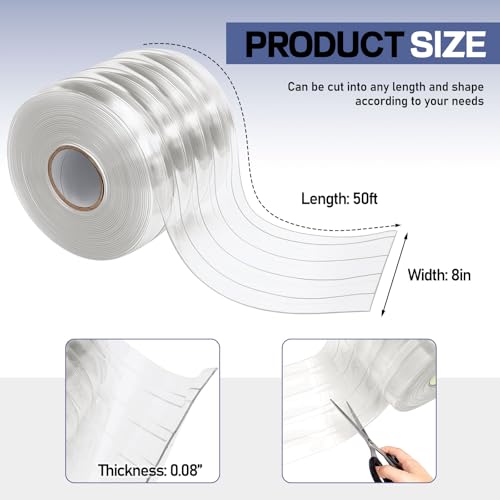 Image of Moukeren Plastic Curtain Strips, 50 ft x 8 in Clear PVC Strip Curtain Roll, Heavy Duty Plastic Insulated Freezer Door Strips for Commercial, Walk-in Cooler, Garage, Warehouse, 0.08 inch Thickness