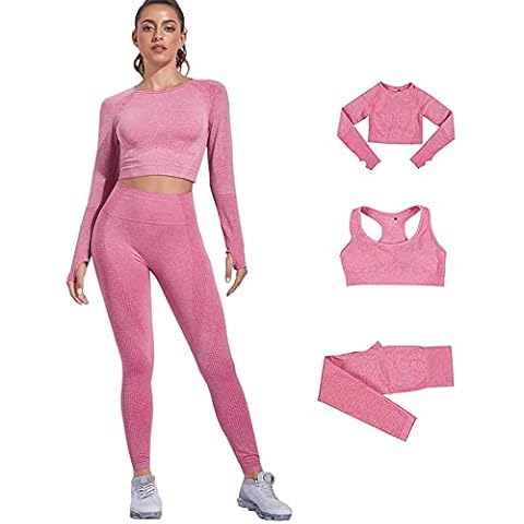 DONYKARRY 3pcs Gym Sets for Women Seamless Tracksuit Womens Full Set Outfits Workout Joggers Yoga Sportswear Leggings and Stretch Sports Bra Jumpsuits Clothes Sets (Pink,L) Cover