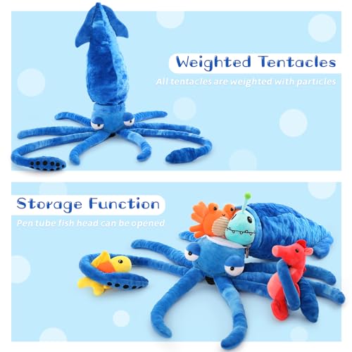 Image of Giant Squid Stuffed Animal with 4 Sea Animal Plush, Blue, 41.3 inch