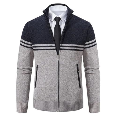 Spring and Winter Men's Zipper Cardigan Contrasting Striped Long Sleeved Stand Up Collar Warm Knit Sweater2