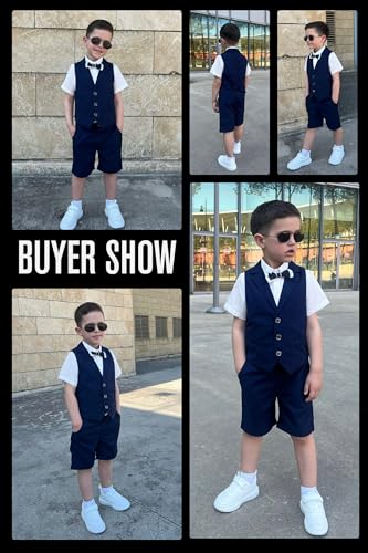 Image of LOLANTA Boys 4PCs Summer Suits, Short Suit Set for Wedding Ring Bearer Outfits Dress Clothes Vest Shirt Shorts Bow Tie