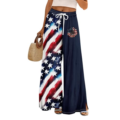 4Th of July Pants for Women American Flag Slit Baggy Wide Leg Pants High Waisted Elastic Summer Trouser Outfit Pockets
