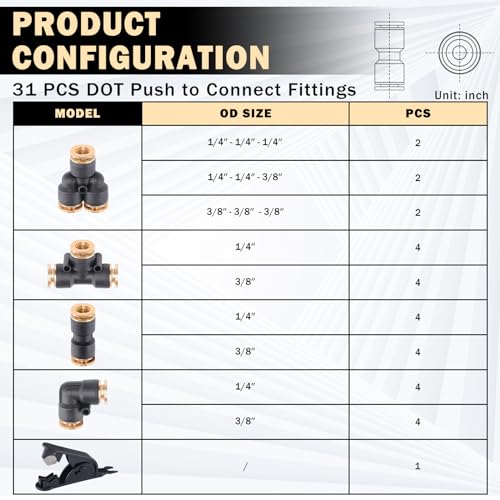 Image of CheeMuii 31 PCS DOT Air Brake Line Fittings 1 /4 inch 3 /8 inch Push to Connect Fittings Quick Connect Air Hose Fittings Repair Kit for Truck or Industrial Air System