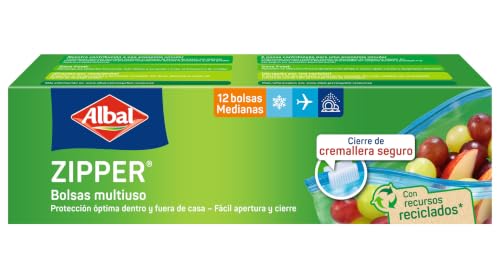 Albal Bolsas multiuso Zipper - Bolsas para comida herméticas, porta alimentos con cremallera para congelar, transportar y conservar alimentos, bolsas para líquidos del avión, 12 unidades medianas