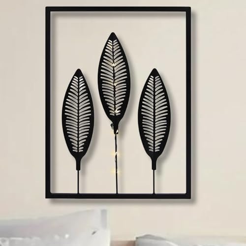 Art mural moderne feuilles à éclairage LED intégré cadre noir rigide