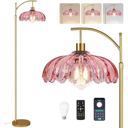 QIYIZM Pink Floor Lamp for Living Room,Bedroom,Gold Dimmable Standing Lamp with Remote,Mid Century Modern Brass Tall Lamp Boho Floor Lamps Arc Stained Glass Flower Floor Light Lamp Girls kids Bohemian