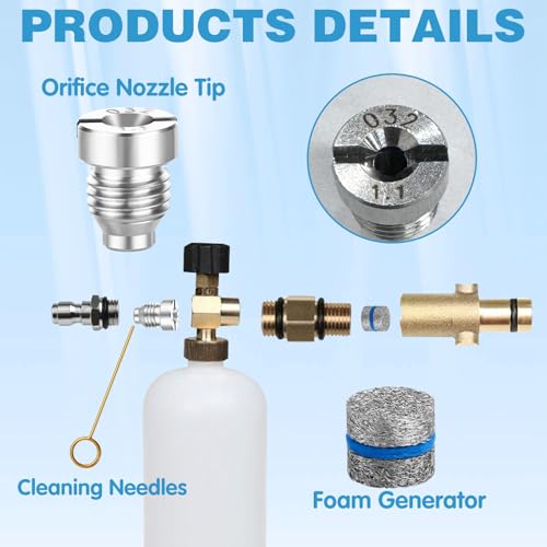 HINGTAI 6-teiliges Schaumkanonen-Düsenset mit 1,1 Öffnung und Schaummachernetzen,Kanone 3000 PSI, 1,1 mm Universalgewindespitzen, Schaumkanone für Chemical Guys Auto,Düsenspitzen und Maschenfilter