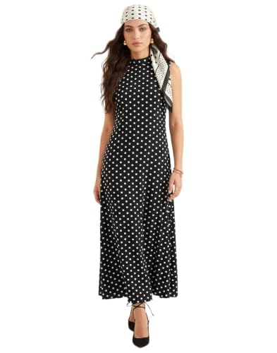 Selvia Crepe Sleeveless Polka Dot Printed Maxi Black Dress for Women, Dresses for Women Western (1316DTK16231