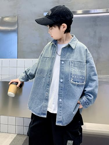 Boys Denim Snap Button Down Shirt Kids Long Sleeve Lightweight Jacket,3-10 Years4