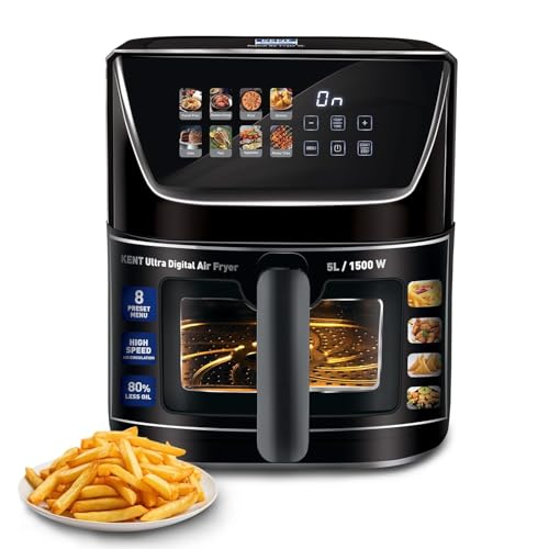 KENT Ultra Digital Air Fryer 5L | 1500W | Bake, Grill & Roast | Up to 80% Less Oil Usage |8 Preset Menu|Rapid Heat Circulation |Digital Display & Touch Control Panel |Glass Window with in built Light view 1
