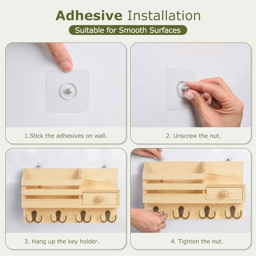 Image of Key Holder Wall Mount, Wooden Adhesive Mail and Key Organizer with Drawer, Small Shelf, 8 Hooks, 2 Installation Methods, Natural