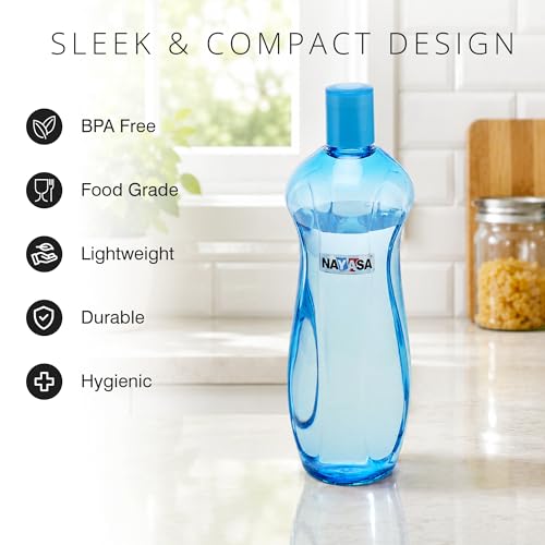 Image of Nayasa Loopy 1000 ML Pet Plastic Fridge Water Bottles Set of 6 | BPA Free | Leak Proof | Airtight Lid | Blue