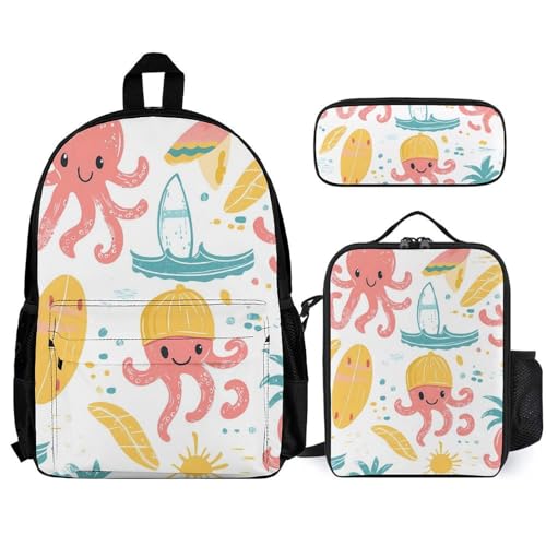 Hawaiian Cartoon Octopus Backpack 3 Set with Lunch Bag Insulated Shoulder Meal Tote Bags Pencil Case Box Casual Daypack
