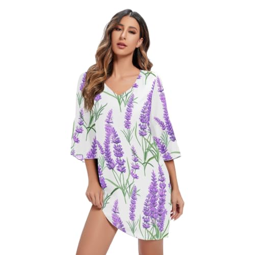 Robe hawaïenne blanche à col en V plongeant et imprimé végétal lavande