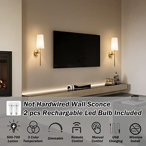 Battery Operated Wall Sconce With Remote,White Fabric Shade Wall Sconce Set Of 2 Battery Powered Sconces Wall Lighting Indoor Wireless Dimmable Wall Lamp With 3 Color Temp Bulb For Bedroom Living Room #TOP1