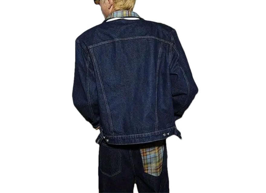 Men Denim Set Loose Spliced Denim Coat Vintage Design Plaid Irregular Jeans Pant Punk Retro Pockets Suit4