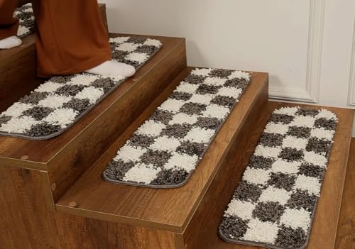 Fluffy Shaggy Non-Slip Washable Carpet Stair Treads, Self-Adhesive Stair Mats/Rugs for Kids Elders and Pets, 20x65cm, 15pc in Box (Fume/Cream) - Image 4