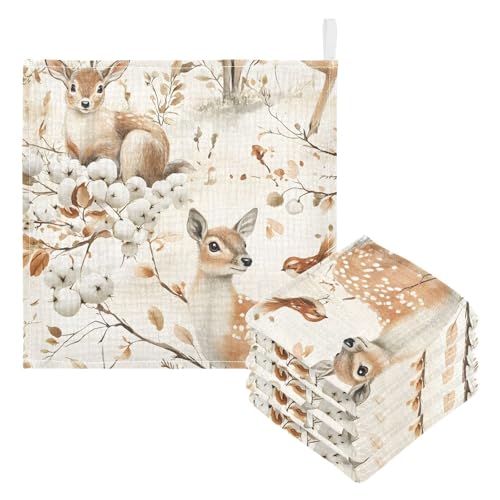 YETTASBIN Watercolor Deer Muslin Baby Hand Washcloths, Soft Cotton Bath Face Towel, 4 Layers Extra Absorbent Feeding Burp Cloth for Newborn Infant, 5 Pack