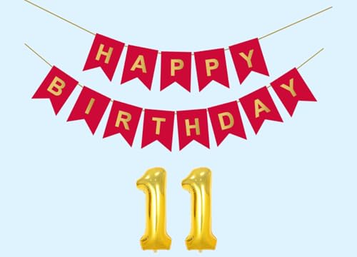 Image of 11th Happy Birthday Decoration Kit Red for 11 year Old Boys Girls Teenage with Number Eleven Party Decorations Decor Celebration Items Item Set Combo Reusable Paper Banner
