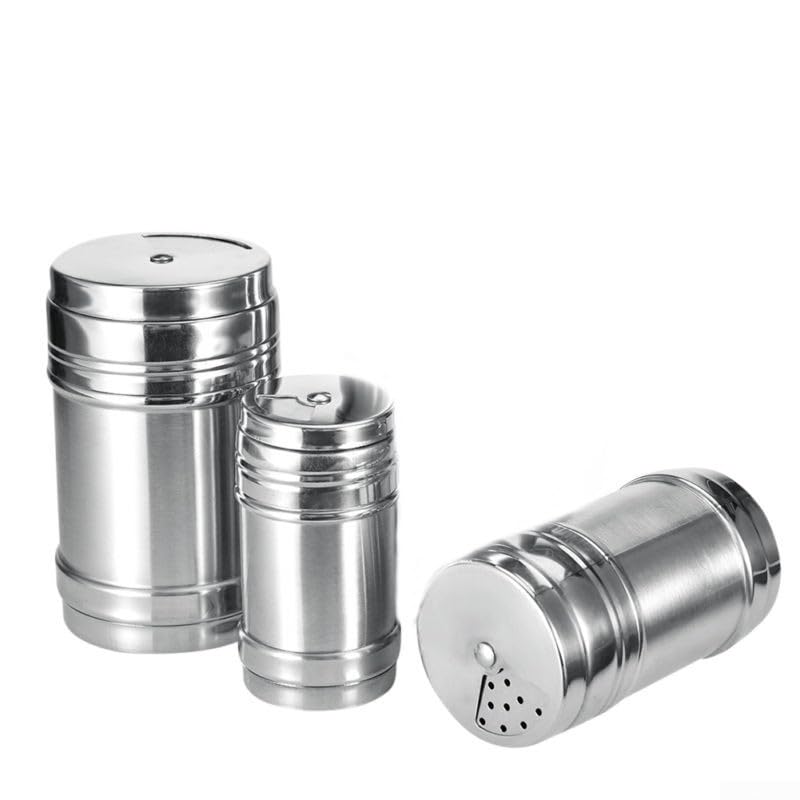 Jonikuper Salero y pimentero de acero inoxidable con 3 agujeros ajustables para la cocina del hogar, viajes, barbacoa y camping, dispensador de condimentos portátil, plateado (S)