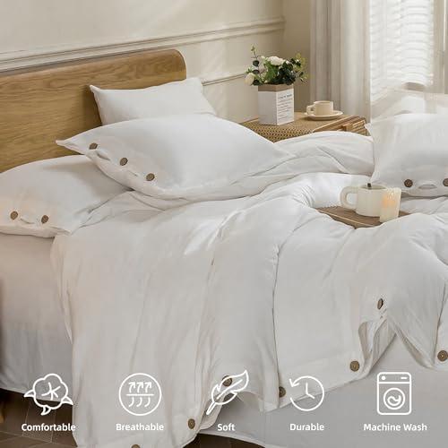 Image of JELLYMONI Cotton Duvet Cover Cal King Size - Bright White Comforter Cover with Button 100% Washed Cotton 3PCS Breathable Soft Solid Bedding Set Duvet Cover 104x98in & 2 Pillowcases (NO Comforter)