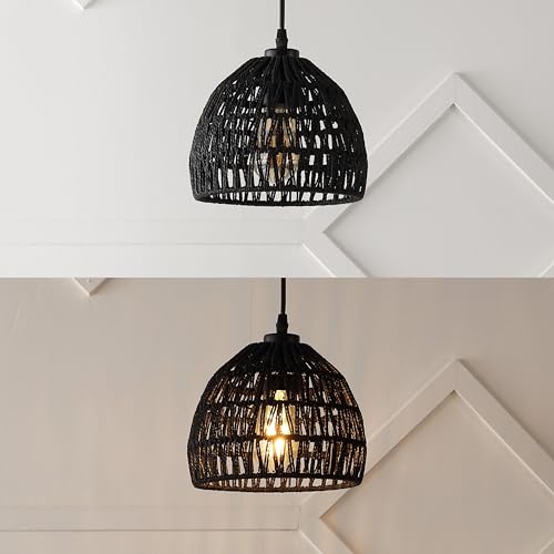 Image of JONATHAN Y 8.25 inch Black Modern Bohemian Woven Rope LED Pendant Light Fixture, Adjustable Dome Ceiling Lamp for Kitchen Island, Rope Shade, Coastal Farmhouse Decor (JYL6512B)