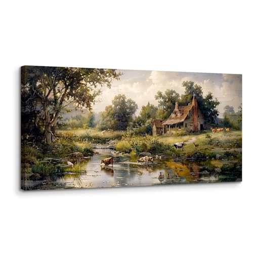 crmotu Large Wall Art for Living Room, Farm Landscape Canvas Painting, Riverside Forest Cottage Scenery Art Prints, Animal Cow Sheep Modern Farmhouse Bedroom Bathroom Pictures Wall Decor 24"X48"