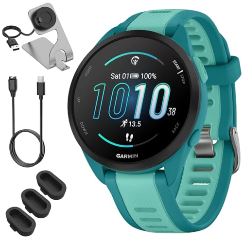 Garmin 010-02863-32 Forerunner 165 Music Smart Sport Watch, Turquoise + Aqua Bundle with Deco Essentials Charging Dock, 3X Silicone Dust Cover and USB Type C Charging and Sync Cable