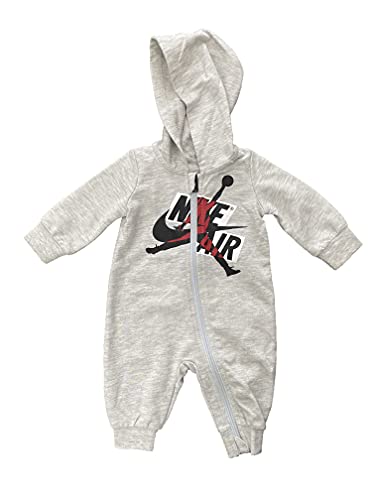 Image of Jordan Baby Boys Nike Air Jumpman Full Zip Hooded Coverall (Grey Heather(55A795-C87)/Red, 3 Months)