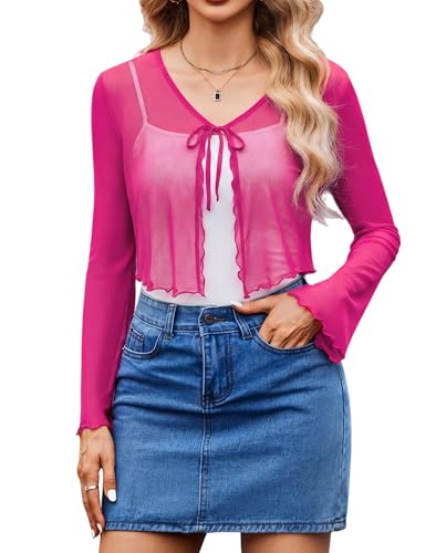 Image of Avidlove Womens Sheer Shrug Tie Front Long Bell Sleeve Mesh Bolero Lightweight Summer Casual Short Shawl Top