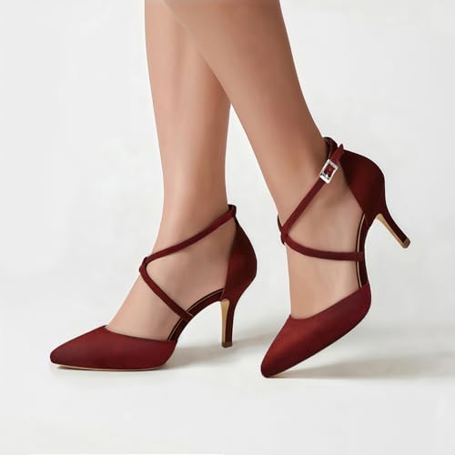 Image of ELEGANTPARK Pointed Toe Heels for Women Satin Strappy Wedding Dress Shoes | Adjustable Buckle, 3 inch Stable Heel, Closed Toe Pumps for Bride, Wedding Guest, Bridesmaid, Evening, Cocktail Party, Formal