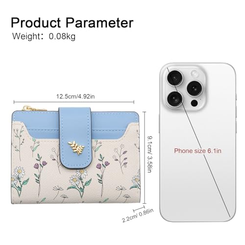 LJCZKA Small Wallets for Women Bifold Leather Zipper Pocket Wallet Credit Card Holder Floral Purse Girls Ladies with ID Window (Blue)3