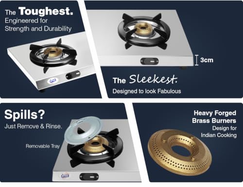 Image of Jyoti Lean 3 Gas Stove 3 Burner Stainless Steel | Direct Flame Forged Brass Burners Burners | Sturdy Pan Supports | Easy Clean Trays | ISI Certified