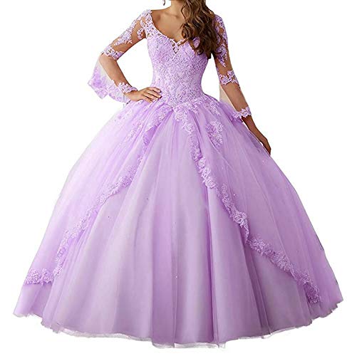 JAEDEN Robe de Bal Manche Longue Robe de soirée Longue Robe de mariée Robe de Quinceanera V-Cou Lilas EUR36