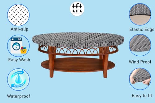 Image of The Furnishing Tree Elastic Oval Center Table Cover WxL 14x24 in Inches Polyester Basketweave Pattern Grey