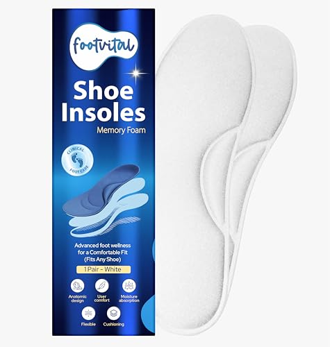 Image of Footvital Memory Foam Shoe Insoles for Men and Women | Soft Cushioned Inserts for Long Standing and Walking | Supports Heel and Arch | Shock Absorbing | Moisture Absorbing | Lightweight Washable Insoles for All Shoes | 1 Pair | White | Size 6