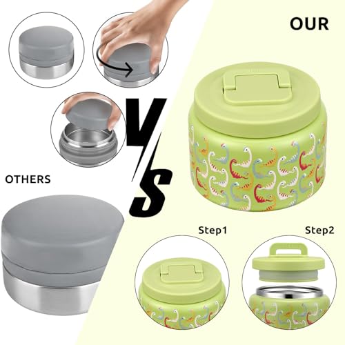 Image of JXXM 8 Oz Thermo Food Jar for Hot & Cold Food for Kids, Insulated Lunch Containers Hot Food Jar,Leak-Proof Vacuum Stainless Steel Wide Mouth Lunch Soup Thermo for School (Green-Colorful Dinosaur)