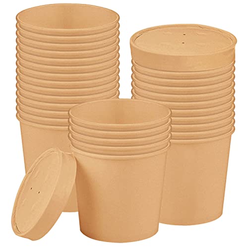 30 Pcs 16oz Paper Soup Containers Kraft Paper Cups with Lids Microwavable Disposable Take Out Food Containers 500 mL Ice Cream Cups Freezer Containers for Restaurants, Delis, Cafes, Dining, Picnics