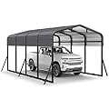 Jocoevol 12x20FT Metal Carport, Heavy Duty Car Garage w/Reinforced Support Rods and Windproof Ground Anchors, All-Weather Multi-Use Outdoor Shelter for Car, Boats and Truck