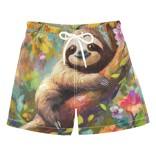 DOMIKING Sloth Floral Colorful Toddler Boys' Swim Trunks Mesh Lining Swim Shorts for Boys Beach Pool Adjustable Waist 2T