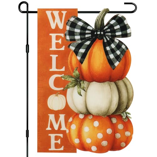 Thanksgiving Garden Flags 12x18 Inch Double Sided Fall Welcome Pumpkin Yard Flags for Outside Farmhouse Front Porch Outdoor Autumn Decor Holiday All Seasons Decoration