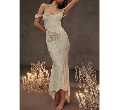 AskmAn New Lace Fishbone Suspender Skirt Slim Fit Hip-Hugging Fishtail Dress French Skirt for Women (Color : Beige, Size : Large)2