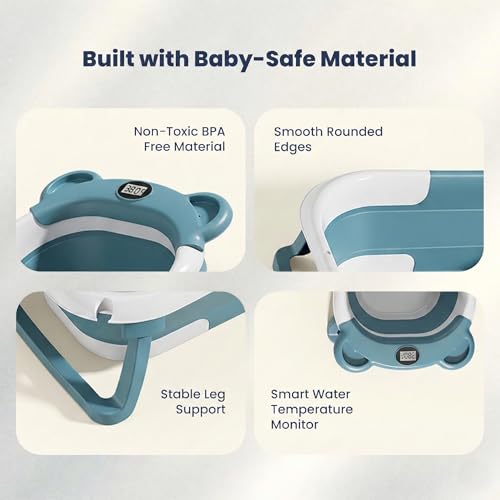 Image of TINSY Foldable Baby Bath Tub with Built-in Water Thermometer & Soft Head Support Pillow | Portable Newborn Bathtub | Anti-Slip Legs | Space-Saving Infant Bath Tub for Babies & Toddlers | Misty Blue