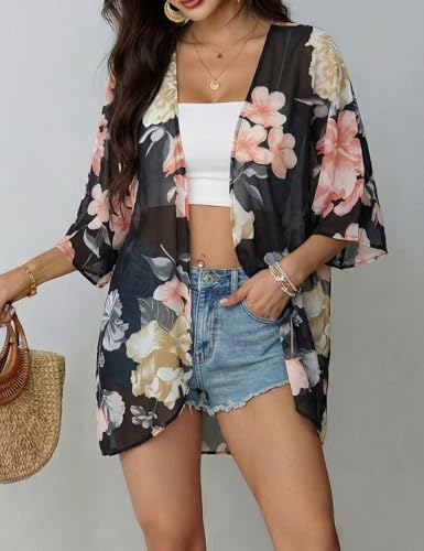 Chunoy Women Casual Summer Floral Print Short Sleeve Chiffon Sheer Kimono Cardigan Open Front Beach Wear Cover Up Black Large