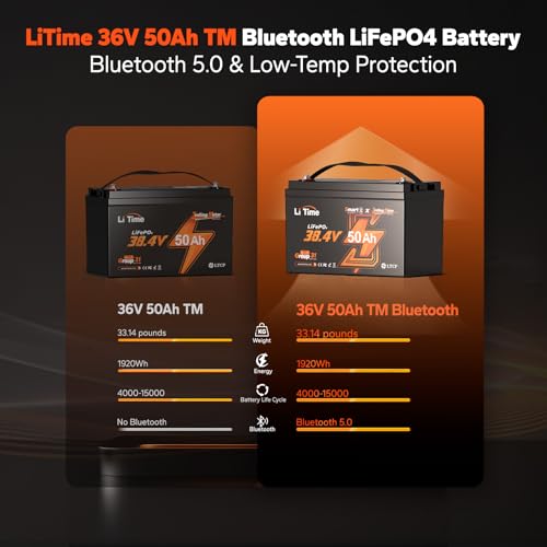 LiTime 36V 50Ah Trolling Motor Bluetooth Low-Temp Protection LiFePO4 Battery Buit in 50A BMS, Deep Cycle Group31 Lithium Iron Phosphate Battery Perfect for Trolling Motors, Marine, Boat, Home Energy