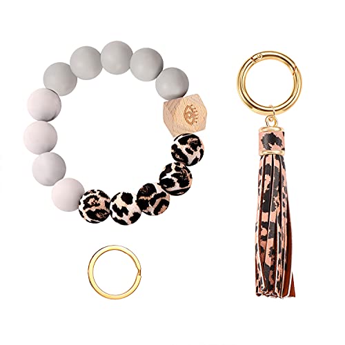Hzeyn 3 Pack Silicone Bead Keyring Bracelet Wristlet Keychain W/ Tassel House Car Key Ring Holder (Leopard,Blue,White) #TOP4