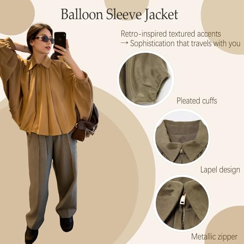 Balloon Sleeve Jacket, Oversized Batwing Sleeve Lapel Collar Zip Front Pleated Shirt, Puffed Bomber Jacket Batwing2