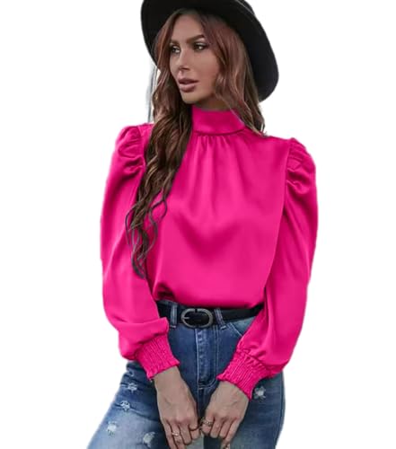 Chemise en satin pour femme à col montant et manches bouffantes chic