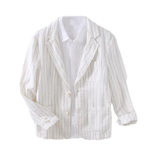 Mens Daily Casual Slim Fit Blazer Cotton Linen Loose Striped Suit Jackets Buttons Lapel Suit