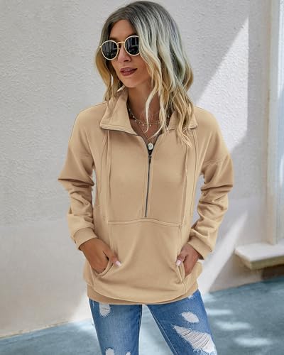 Image of PRETTYGARDEN Women's Casual Long Sleeve Zipper Sweatshirt Drawstring Loose Quarter Zip Pullover Tops with Pockets